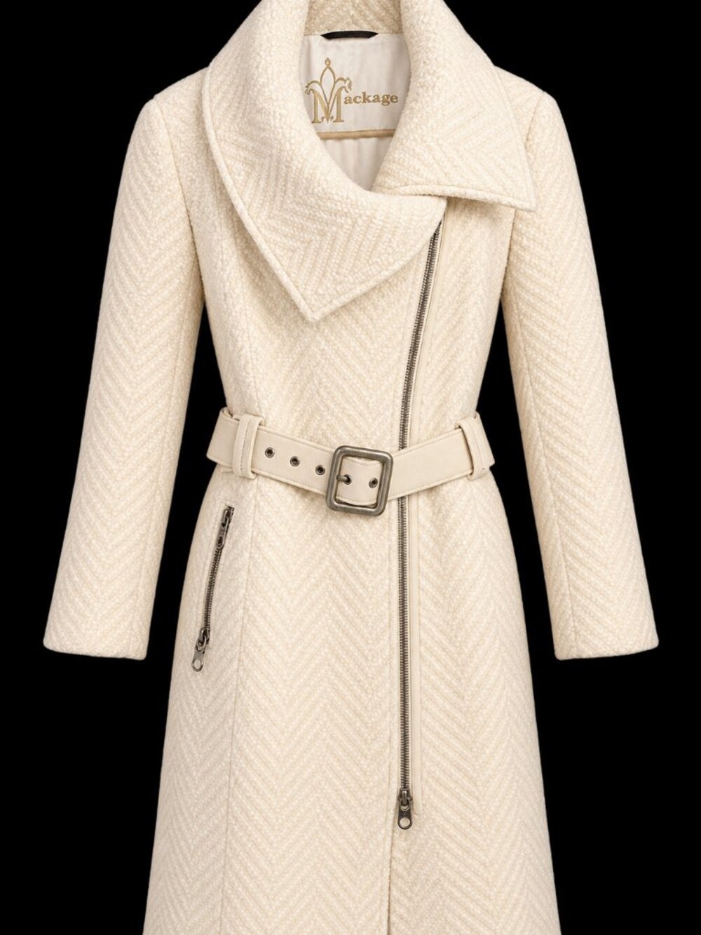 Mackage Ivory Herringbone Wool Belted Coat